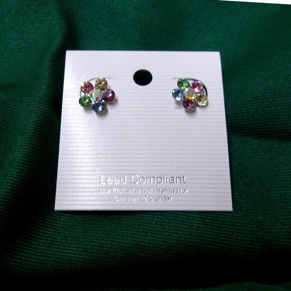 Multicolor Rhinestone Flower Stud Earrings Rainbow Crystal Floral Jewelry/#26467